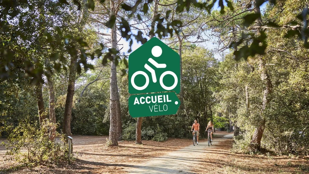Logo Marque Accueil Vélo posé sur une photo de forêt au Pays de Saint Jean de Monts