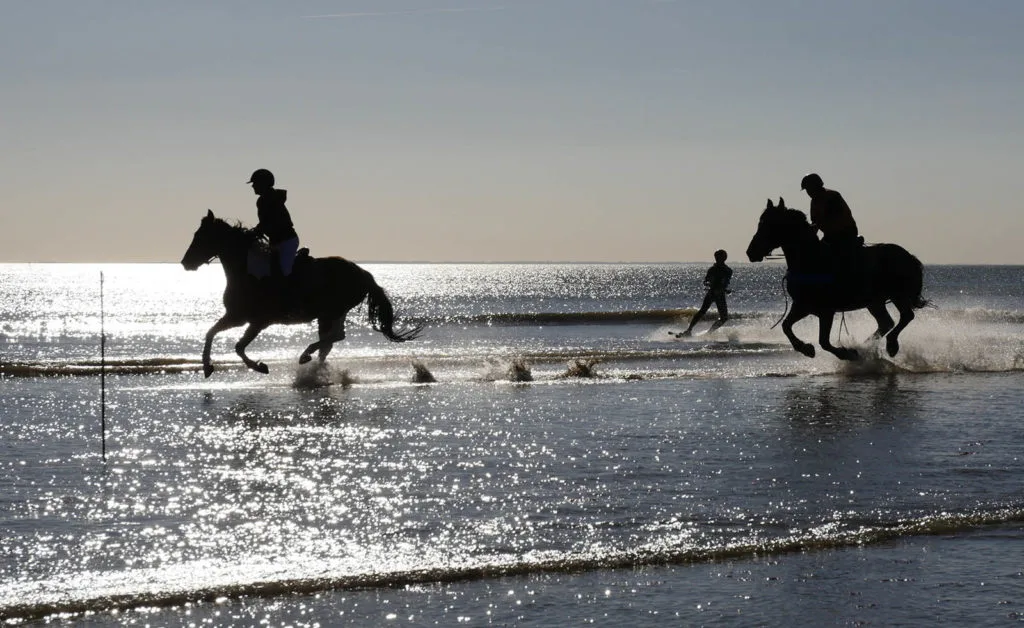 Photo d'une course de chevaux au bord de l'océan à Saint Jean de Monts