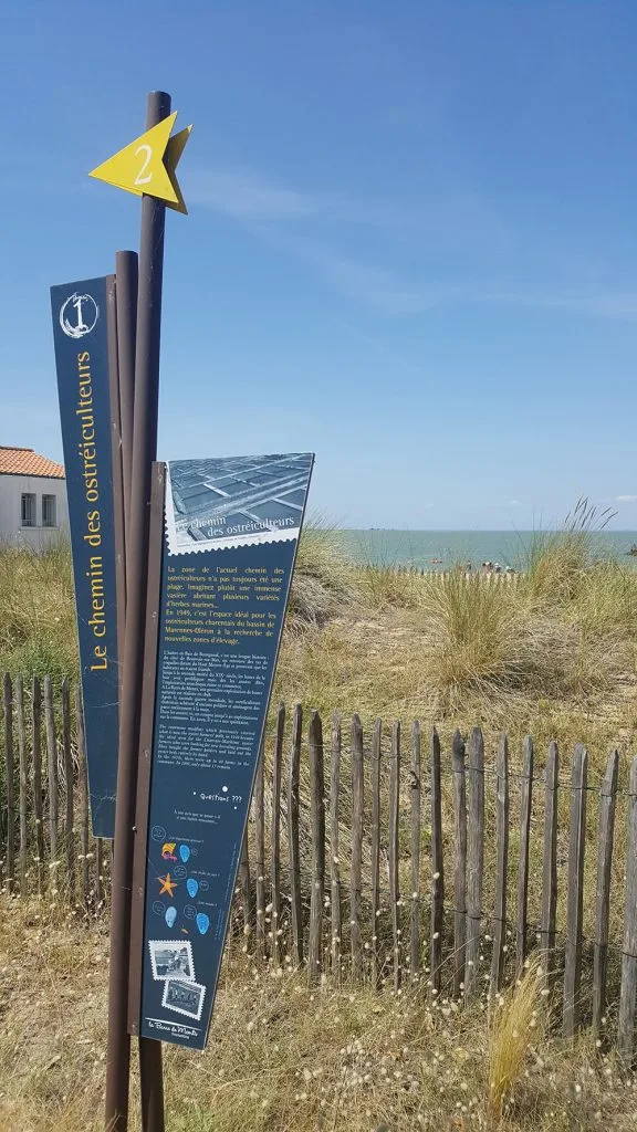le panneau du chemin des ostréiculteurs qui borde la petite plage de Fromentine à la barre de monts - fromentine