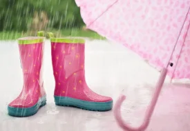 photo de bottes de pluie et d'un parapluie sous un temps pluvieux