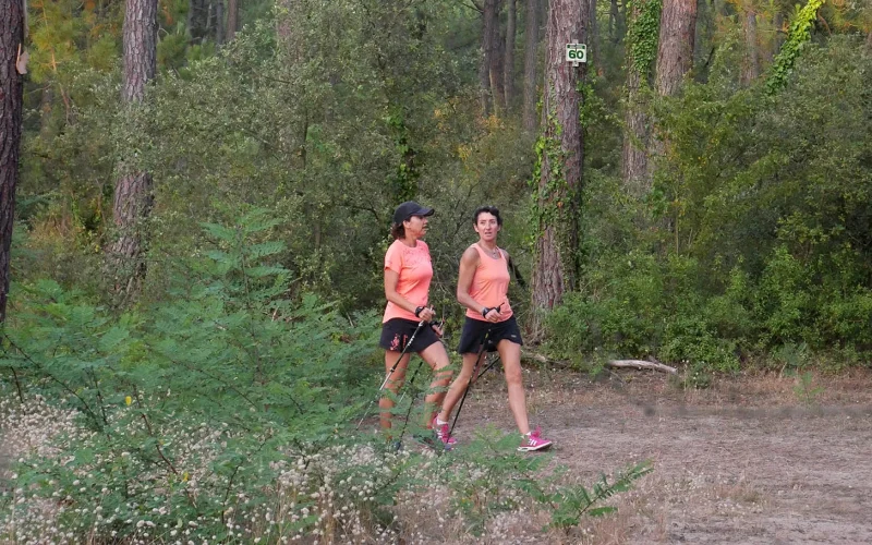 photo de deux marcheuses qui font de la marche nordique en forêt au Pays de Saint Jean de Monts