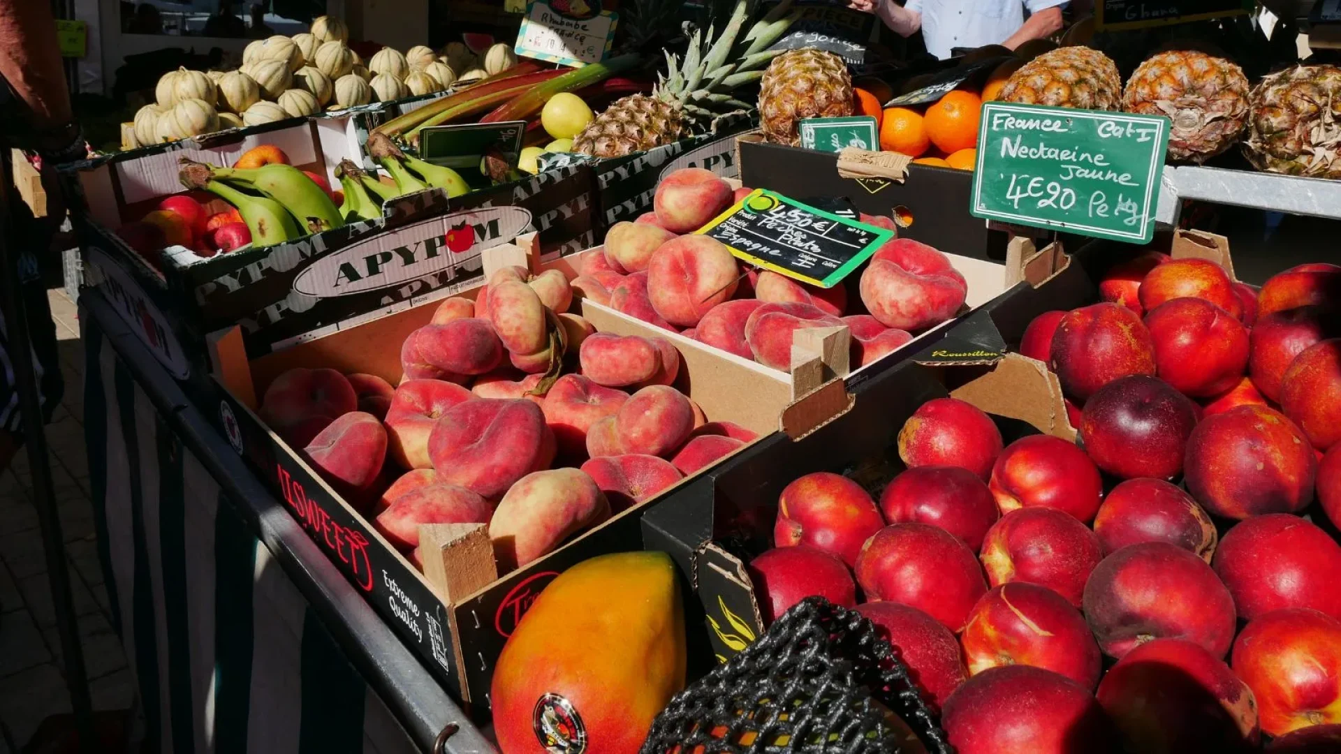 photo d'une étale de marché au Perrier avec des fruits et légumes de producteurs locaux