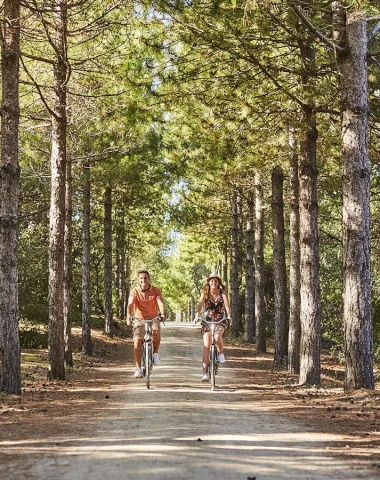 Ein Paar fährt Rad im Wald im Pays de Saint Jean de Monts